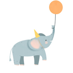 Cute little elephant with balloon, Watercolor. Party funny animal character illustration for greeting card, invitation, banner, poster, textile, postcard