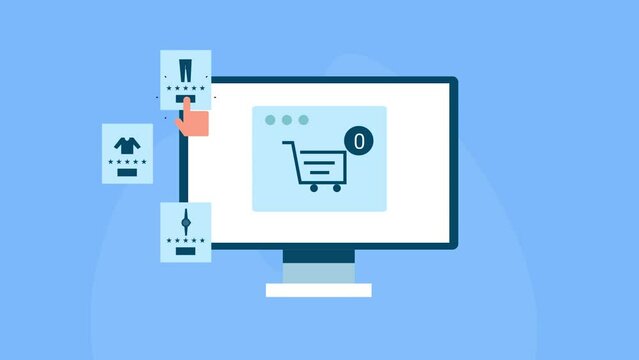 Person selecting ecommerce product add to cart, buy with digital payment card, online shopping interface on computer screen. Animation clip for explainer video.