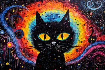 A black cat and whimsical colorful surroundings. chalk pastel drawing art .generative AI
