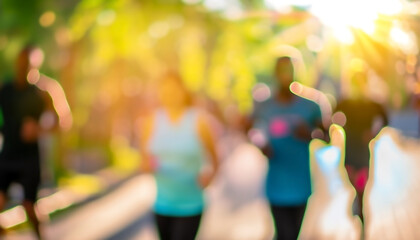 Defocused bokeh effect positive concept background of unrecognizable people enjoying healthy lifstyle exercising fitness outside