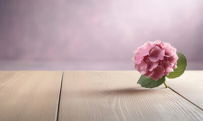  a single pink flower is sitting on a wooden table with a blurry background.  generative ai