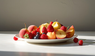  a white bowl filled with fruit on top of a table.  generative ai