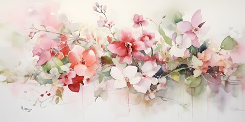 Obraz na płótnie Canvas large watercolor floral stems and branches elements. bouquet of pink tulips flowers. watercolor bouquet of pink tulips flowers with leaves. Illustration. Generative AI.