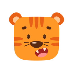 Funny face of a cartoon tiger. Kawaii illustration of a wild animal. Simple clipart for children's design.