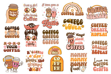 Coffee groovy quotes set in retro style. Vector illustration.