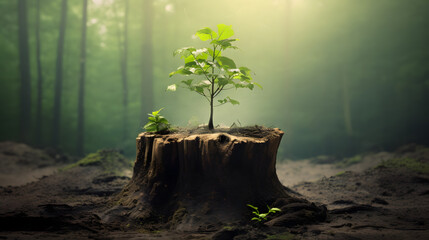 Young tree emerging from old tree stump - obrazy, fototapety, plakaty