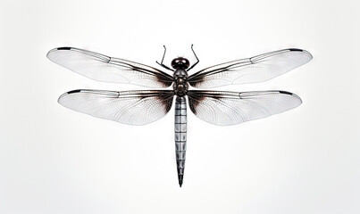  a black and white photo of a dragonfly on a white background.  generative ai