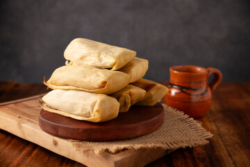 Tamales. Prehispanic dish typical of Mexico and some Latin American countries. Corn dough wrapped...