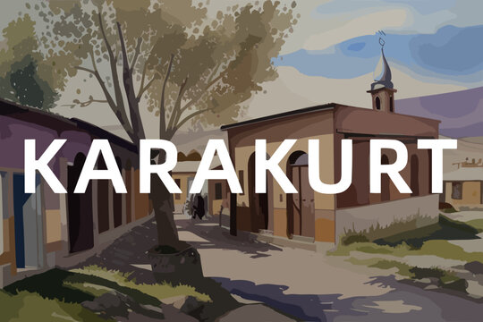 Beautiful watercolor painting of a Turkish scene with the name Karakurt in Kars