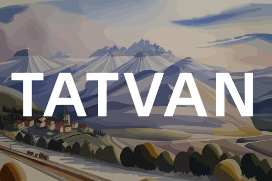 Beautiful watercolor painting of a Turkish village with the name Tatvan in Bitlis