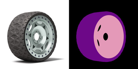 tubeless tire on a steel car rim 3d render on white with colored alpha