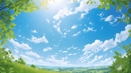 Fototapeta na wymiar 新緑の葉っぱと夏の日光と青空,
