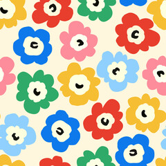 Beautiful minimalist seamless pattern with cute colorful abstract flowers. Stock print illustration. Popular design.