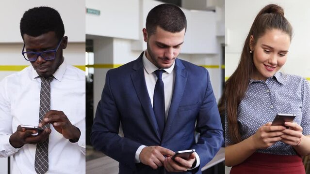 Portraits of diverse smiling business people standing in office looking at camera. Montage composite of multiethnic entrepreneurs in formal wear posing. Corporate workers vertical split screen.