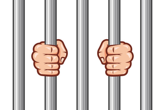 Illustration hands holding prison bars vector background.
