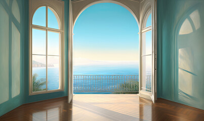  a painting of a room with a view of the ocean.  generative ai