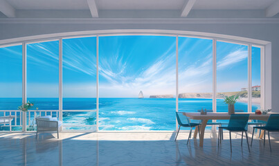 Obraz premium a room with a view of the ocean and the sky. generative ai