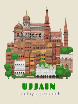 Beautiful retro-styled poster of with a city and the name Ujjain in Madhya Pradesh