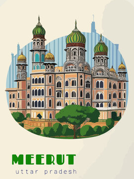 Beautiful retro-styled poster of with a city and the name Meerut in Uttar Pradesh