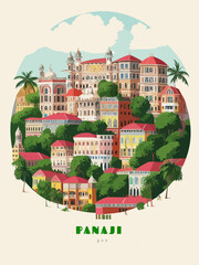 Beautiful retro-styled poster of with a city and the name Panaji in Goa - obrazy, fototapety, plakaty
