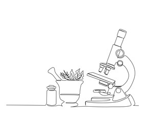 Continuous one line drawing of microscope and mortar. Simple illustration of microscope laboratory and pestle line art vector illustration. 