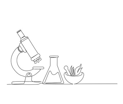 recommend clip art: Continuous one line drawing of microscope and mortar. Simple illustration of microscope laboratoryith test tube  and pestle line art vector illustration.