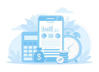 Finance with calculator, coin and data analyst trending concept flat illustration