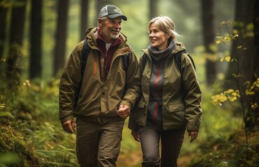 elderly couple hiking in the woods