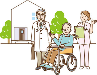 医者と女性看護師と車椅子に乗ったシニア男性と家