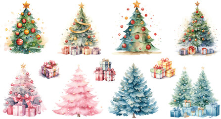 Vector illustration of Watercolor Christmas Trees Green fluffy christmas pine and Pink Christmas trees and blue Christmas tree, isolated on white background  with Gifts  - obrazy, fototapety, plakaty