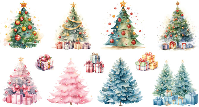 Vector illustration of Watercolor Christmas Trees Green fluffy christmas pine and Pink Christmas trees and blue Christmas tree, isolated on white background  with Gifts 