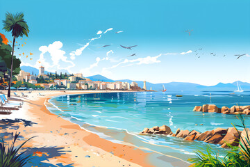 cannes city scenery Côte d'Azur, France, a famous tourist destination with beautiful beaches. On the Mediterranean. Generative AI Illustration