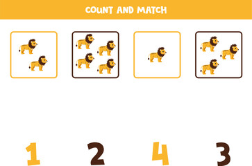 Counting game for kids. Count all lions and match with numbers. Worksheet for children.