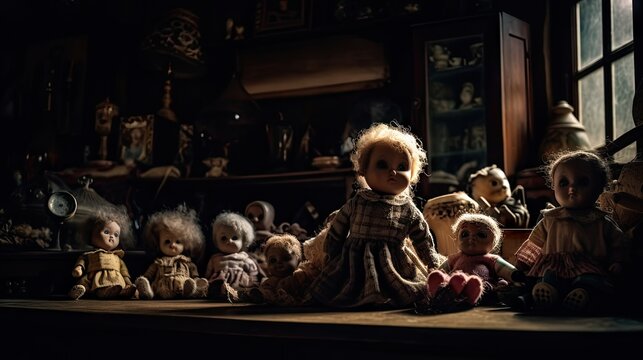A dimly lit attic filled with dusty antique dolls