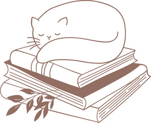 Cat sleeping on books hand drawn book illustration