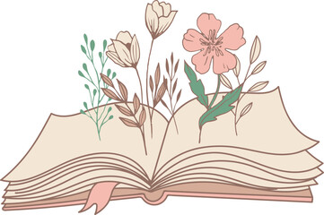 Hand drawn open book with flowers