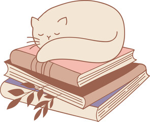 Cat sleeping on books hand drawn book illustration