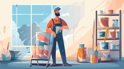 Design illustration business flat drawing repairman standing and holding roller with paint and bucket of paint, home repairs, painting walls in house, apartment, professional painter.