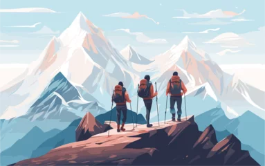 Tuinposter Climbers Group Helping each other Flat Cartoon Vector Illustration. Teamwork Concept. People with Backpacks or Backpacks Hiking in Mountains. © ArtClip
