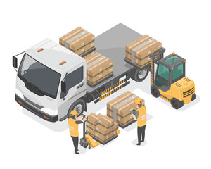 Medium Truck isometric Waiting to receive goods or product and a forklift carrying the product and worker staff is inspecting the product before delivery in warehouse transportation isolated - obrazy, fototapety, plakaty