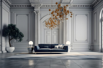 Modern classic interior with vintage wall and chair. Empty elegant vintage room at night