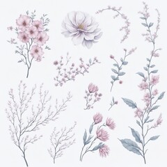 "Whimsical Blooms: Minimal Watercolor Collection of Sakura Floral Decorations on White"