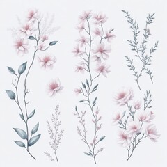 "Whimsical Blooms: Minimal Watercolor Collection of Sakura Floral Decorations on White"