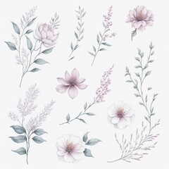 "Whimsical Blooms: Minimal Watercolor Collection of Sakura Floral Decorations on White"