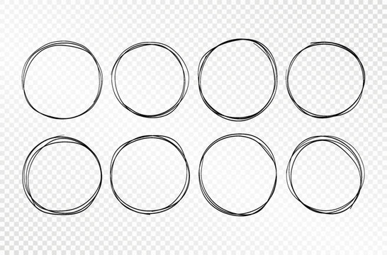 Minimal line circle set. Linear round frames, doodle sphere elements, abstract drawing circular shape. Vector collection