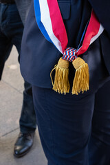 une echarpe tricolore de maire en France  - obrazy, fototapety, plakaty