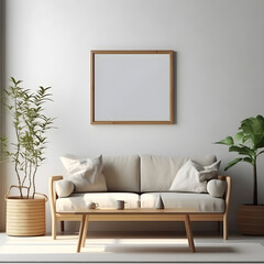 Poster frame mockup in modern interior background, living room, Scandinavian style. Blank horizontal poster frame mock up in Scandinavian style living room interior