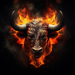 Image of an angry bull head with a burning fire on black background. Wildlife Animals. Illustration, Generative AI.