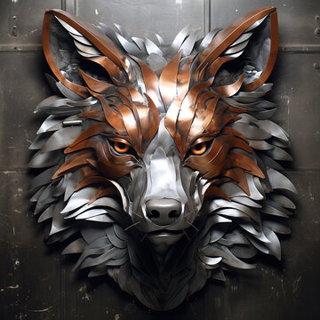 Image of fox face made with steel and various metals on clean background. Wildlife Animals. Illustration, Generative AI.