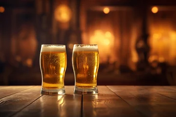 Gardinen Two glasses of beer on a wooden table in a pub or restaurant ai generated © Gorilla Studio